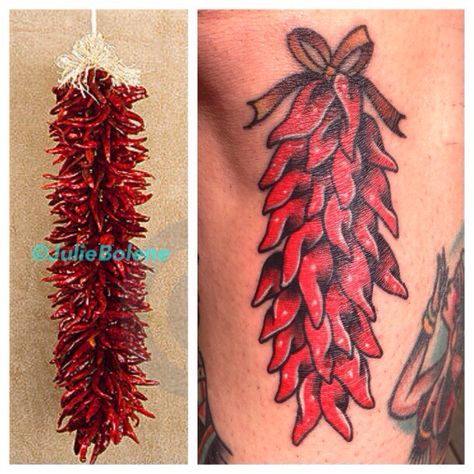 Chile ristra New Mexico red chile chile tattoo Chile Ristra Tattoo, Green Chili Tattoo, Ristra Tattoo, New Mexico Tattoo Ideas, New Mexico Tattoo, New Mexico Red Chile, Chile Ristra, Thunderbird Tattoo, Moving On Tattoos