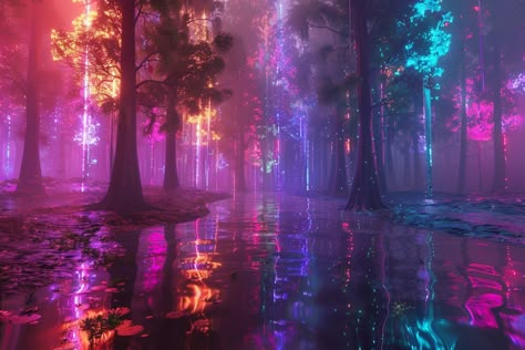 Neon Holographic Frostfire enchanted forest, reflective surfaces, atmospheric effects, color spectrum play --ar 3:2 Aesthetic Laptop Cover, Neon Forest, Glowing Forest, Bright Forest, Rainbow Forest, Colorful Forest, Rainbow Images, Color Core, Neon Museum