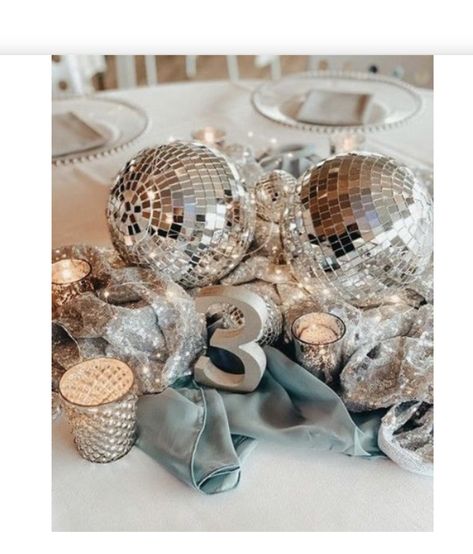 Disco Elegant Party, 70s Disco Party Table Decorations, Disco Glam Centerpiece, Winter Wonderland Disco Party, Disco Themed Table Decor, Classy Disco Ball Decor, Wedding Cake With Disco Balls, Neutral Disco Party, Disco Themed Table Centerpieces