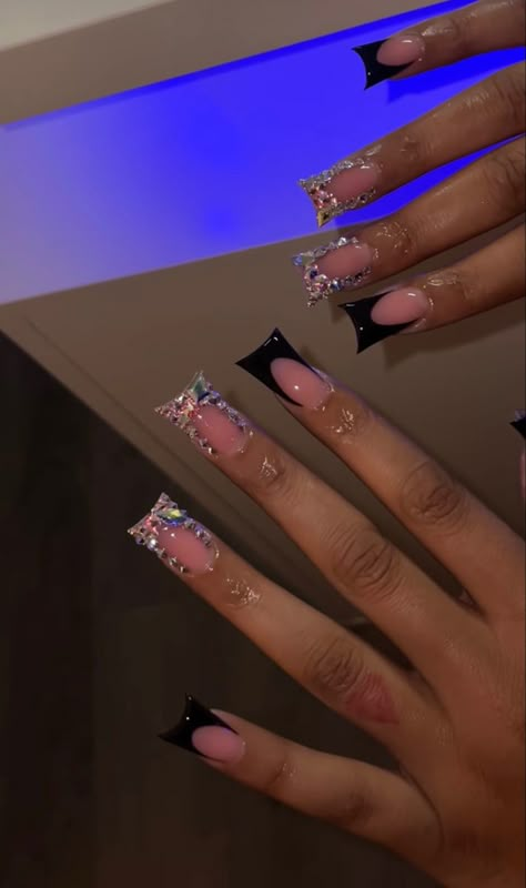 Duck Nails Acrylic Medium, Black French Tip Nails Duck, Duck Nail Inspo 2023, Black French Duck Nails, Black Duck Nails With Charms, Black Frenchies With Rhinestones, Duck Nails Simple, Medium Duck Nails Acrylic, Acrylic Nail Designs Black Women