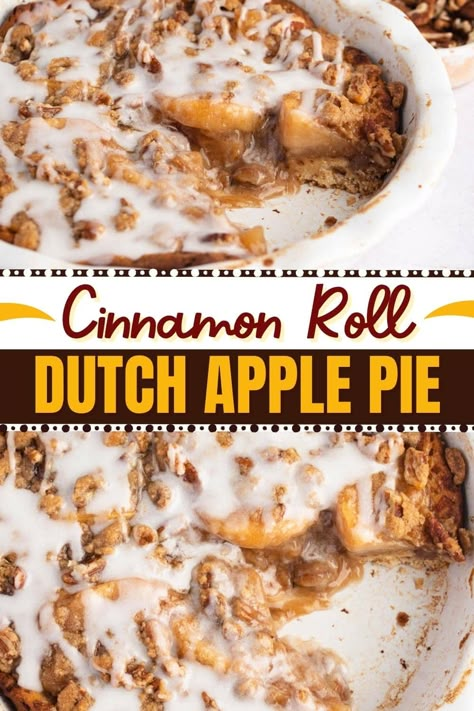 This cinnamon roll Dutch apple pie will be your new favorite treat! Made with just a few simple ingredients, it's a tempting dessert the family will love. Cinnamon Roll Dutch Apple Pie, Apple Cinnamon Roll Bake, Apple Pie Easy, Pie Easy Recipe, Roll Desserts, Dutch Apple Pie Recipe, Cinnamon Roll Apple Pie, Canned Biscuit, Pillsbury Cinnamon Rolls