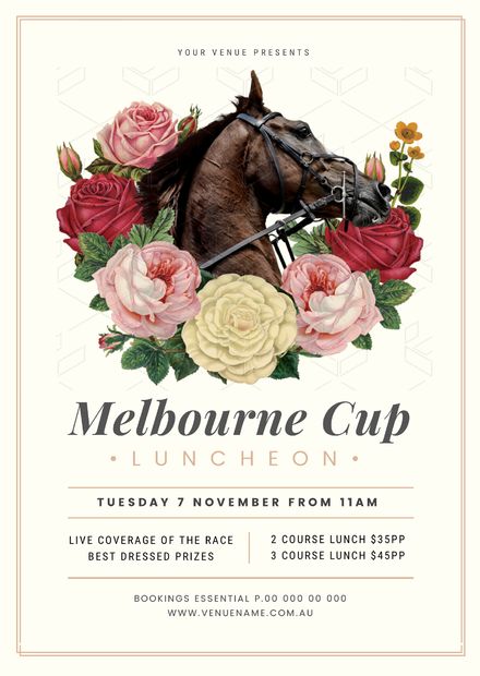 Customizable Graphic Templates - drag and drop your way to design stunning graphics like a pro in seconds; without leaving your web browser. Melbourne Cup Lunch Ideas, Horse Racing Graphic Design, Melbourne Cup Poster, Melbourne Cup Horses, Retirement Village, Restaurant Promotions, Diy Graphic Design, Horse Competition, Spring Racing Carnival