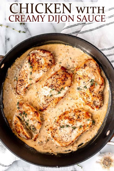 Chicken with Creamy Dijon Mustard Sauce is a simple, incredibly delicious recipe made with pan-seared chicken breasts in a luscious, rich sauce made with white wine, cream, and Dijon mustard. It's simple enough to be enjoyed on a busy weeknight, yet fancy enough for a special dinner party or event. Chicken And Sauce, Chicken Lazone, Dijon Mustard Sauce, Mustard Cream Sauce, Mustard Chicken Recipes, Pan Seared Chicken Breast, Seared Chicken Breast, Pan Seared Chicken, Favorite Recipes Chicken