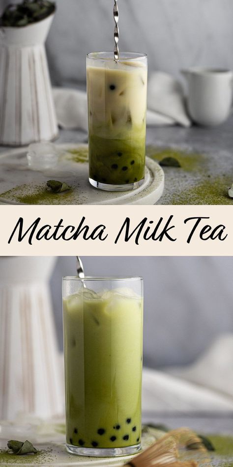 This creamy, vegan matcha milk tea is a delicious bubble tea recipe for anyone who loves matcha. Matcha green tea and almond milk, sweetened with simple syrup, and packed with boba. Served over ice for a refreshing, healthy drink. How To Make Matcha Milk Tea, Macha Milk Tea, Matcha Boba Recipe, Matcha Boba Tea Recipe, Best Boba Tea Flavors, Green Milk Tea Recipe, Healthy Boba, Matcha Bubble Tea Recipe, Matcha Milk Tea Recipe