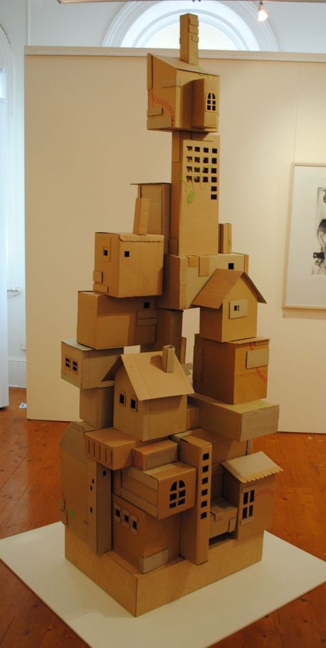 Embroidered Architecture, 3d Cardboard Art, Cardboard Sculpture Ideas, Cardboard Architecture, Cardboard Buildings, Cardboard Building, Carton House, Cardboard Box Houses, House Cardboard