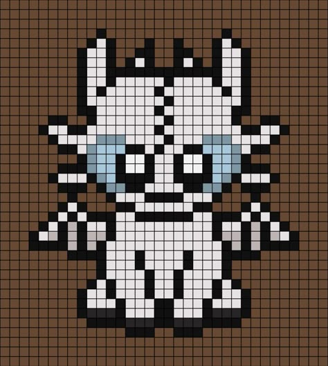 A pixel art template of the white dragon from How to Train your Dragon, called Light Fury. She is sat down, has her wings out and smiling. Pixel Art Stitch, Pixel Art Dragon, Pixel Kawaii, Minecraft Dream, Arte Doodle, Crafting Corner, Pixel Art Ideas, Pixel Beads, Easy Pixel Art