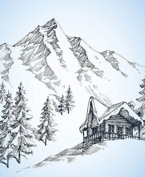 Cabin Winter, Mountain Sketch, Kartu Pokemon, Landscape Pencil Drawings, Old Cabin, Architecture Drawing Sketchbooks, Drawing Hands, Nature Art Drawings, Mountain Drawing