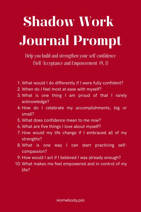 Shadow Work Journal Prompt, Future Confidence, Personal Growth, Self-Acceptance and Empowerment, Comparison, Social Pressure, Insecurities, Self-Doubt, Childhood, Early Experiences, build confidence, Journal entries, journaling writing prompts, journal ideas, shadow work questions, shadow work spiritual, shadow work prompts journal, that girl, it girl, clean girl, level up, cherry red, fall girl, self care, self improvement tips, glow up, personal growth plan #KreasiCanvaPinterest Journal Prompts For Leveling Up, Journal Prompts Insecurity, It Girl Journal Prompts, Future Self Journaling Prompts, Insecurity Prompts, Journal Entry Prompts, Shadow Work For Confidence, Journal Prompts For Shadow Work, Journal Prompts Shadow Work