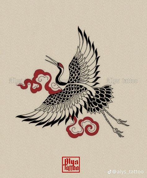 Japanese Art Crane, Japanese Cranes Tattoo, Asian Animal Tattoo, Asian Bird Tattoo, Korean Crane Tattoo, Kudzu Tattoo, Japanese Crow Tattoo, Red Crowned Crane Tattoo, Japanese Crane Drawing