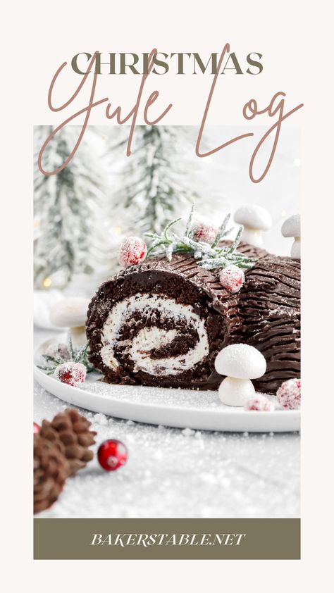 Make your holiday season bright with this homemade Chocolate Yule Log with White Chocolate Peppermint Frosting! Serve as a fancy (but not too difficult!) dessert this Christmas that the whole family is sure to love. Gluten Free Yule Log Cake, Yule Log Cake Easy, Vegan Yule Log, Gluten Free Yule Log, Gluten Free Christmas Cake, Christmas Log Cake, Classic Christmas Dessert, Yule Log Cake Recipe, Gluten Free Christmas Desserts