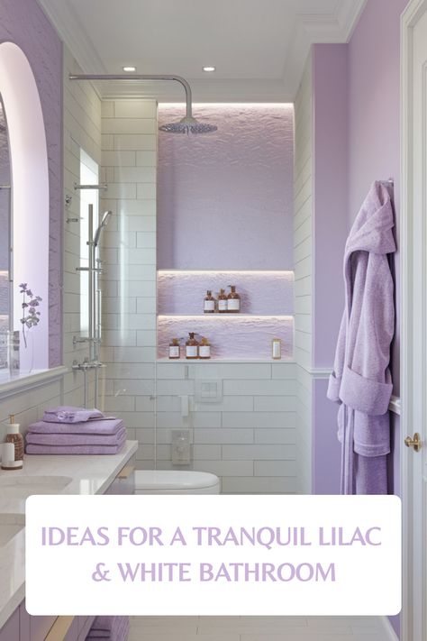 Lilac and white bathroom with modern fixtures and spa-like atmosphere. Lilac Bathroom Decor, Purple Bathroom Ideas Decor, Lilac Bathroom Ideas, Sandy Bathroom, Bathroom Colour Ideas, Purple Bathroom Ideas, Marble Bathroom Ideas, Lilac Bathroom, Kitchen Flooring Trends