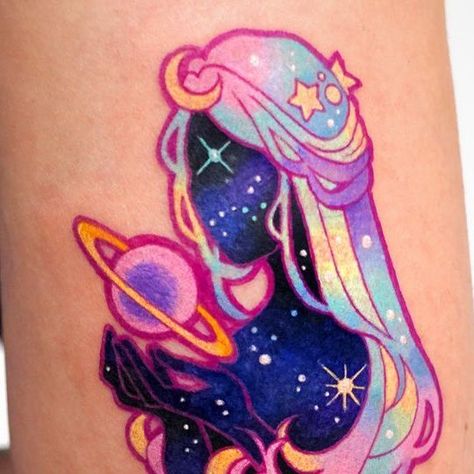 SIGAK on Instagram: "Lovely candy galaxy girl🍭 #시각타투 #sigaktattoo" Kawaii Space Tattoo, Weirdcore Tattoo, Galaxy Tattoo, 4 Tattoo, Kawaii Tattoo, Tattoos Geometric, Cute Little Tattoos, Tatuaje A Color, Space Tattoo