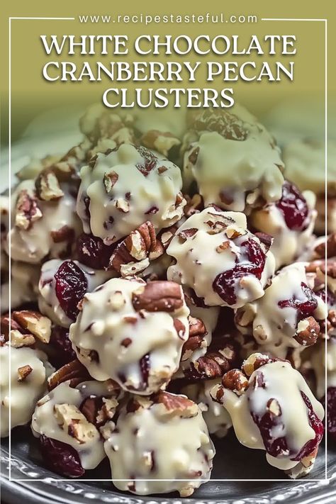 These White Chocolate Cranberry Pecan Clusters are the perfect sweet treat for any occasion! With a creamy white chocolate base, tart cranberries, and crunchy pecans, these clusters are simple to make and irresistibly delicious. A pinch of salt enhances the sweetness of the white chocolate, balancing out the tart cranberries for a perfect sweet-and-salty flavor. These clusters make a great gift, snack, or holiday treat! Pecan Clusters, Gift Snack, Treats To Share, White Chocolate Desserts, Chocolate Clusters, Candied Cranberries, White Almond Bark, Easy Candy Recipes, White Chocolate Recipes