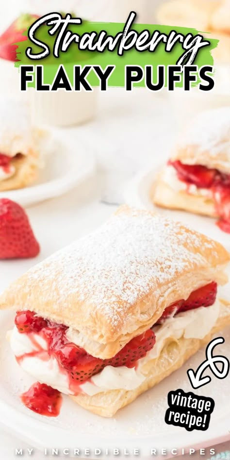 These strawberry flaky puffs(also known as pick me ups) are an elegant dessert to serve for friends and family. This recipe features a flaky and light puff pastry that is filled with a strawberry filling and cream cheese mixture making this treat great for Valentine's Day or any occasion! Try it today! Cupcakes With Pink Frosting, Recipes With Puff Pastry, Sweet Puff Pastry Recipes, Easy Strawberry Dessert, Strawberry Puff Pastry, Pastry Recipes Dessert, Strawberry Cream Puffs, Cream Cheese Puffs, Cream Cheese Puff Pastry