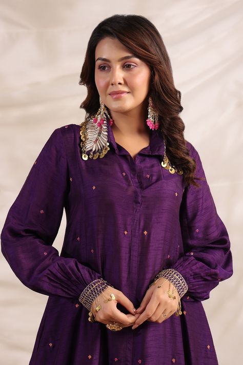 Buy Purple Silk Embroidered Pankh Asymmetric Anarkali And Palazzo Set For Women by Niti Bothra Online at Aza Fashions. Purple Silk Shirt, Silk Shirt Style, Tunic Fashion, A Line Kurti, Silk Anarkali, Zardozi Embroidery, Satin Fashion, Palazzo Set, Embroidered Collars