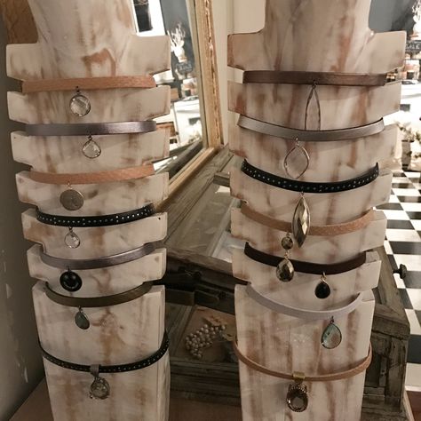 Chokers. Leather bands with gemstone pendants. Lisajilljewelry@gmail.com is Choker Display Ideas, Convention Display, Upcycled Accessories, Craft Fair Booth, Craft Fairs Booth, Pendant Ideas, Fair Booth, Jewelry Displays, Gemstone Pendants