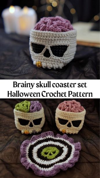 Skull Free Crochet Pattern, Skull Crochet Coaster, Cauldron Coaster Crochet Pattern, Crochet Skull Coasters Free Pattern, Crochet Skull Coaster, Crochet Skull Free Pattern, Skull Coaster Crochet Pattern, Crochet Cauldron Coasters Free Pattern, Halloween Decorations Crochet