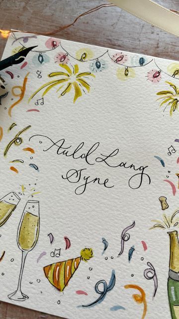 l like it Watercolor Nye, Happy New Year 2024 Painting, Happy New Year Whiteboard, New Year’s Eve Painting Ideas, Nye Illustrations, Watercolor Happy New Year, Happy New Year Watercolor Painting, Happy New Year Card Diy Handmade, Happy New Year Card Ideas Handmade