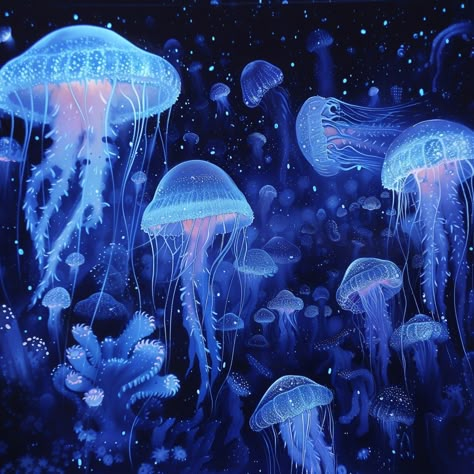 Ethereal Jellyfish Ballet: An underwater dance of ethereal jellyfish, their luminescent bodies glowing against the dark ocean abyss. #jellyfish #marine #underwater #bioluminescent #ocean #aiart #aiphoto #stockcake ⬇️ Download and 📝 Prompt 👉 https://stockcake.com/i/ethereal-jellyfish-ballet_349772_335651 Bioluminescent Ocean, Ocean Abyss, Underwater Dance, Jellyfish Pictures, Jellyfish Pattern, Dark Ocean, Picnic Tablecloth, Jellyfish Art, Kitchen Clothes