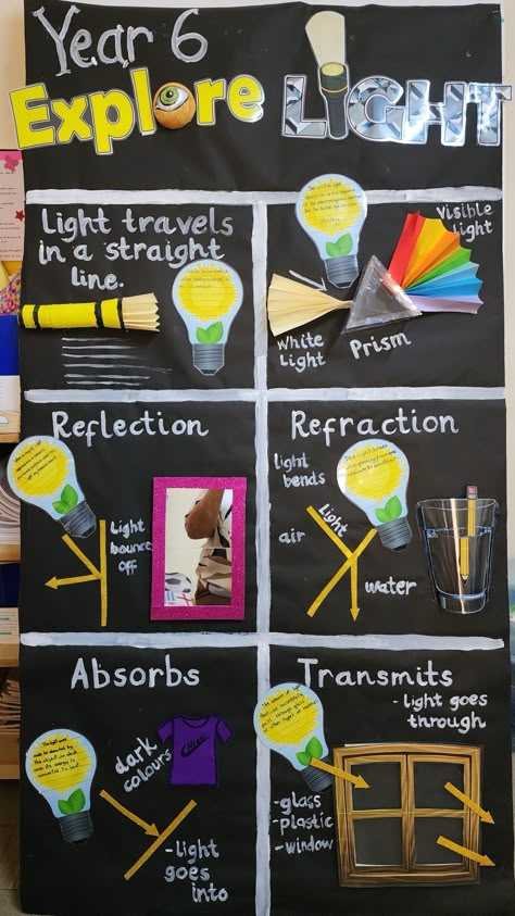 Physics Board Decoration, Light Display Ks2, Science Soft Board Decoration, Science Chart Ideas For Class 8, Stem Poster Ideas, Light Science Project, Science Display Ks2, Sources Of Light For Kids, Science Tlm Ideas