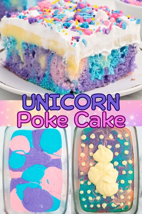 Unicorn Poke Cake recipe is a whimsical way to make a moist, colorful cake that’s poked and filled with pockets of pudding, covered with Cool Whip, and decorated with a dusting of sparkle sprinkles. Perfectly pretty for birthday parties, unicorn parties, Pride month, or any special occasion. #pokecake #unicorn Blue And Purple Cake, White Chocolate Pudding, Neon Food, Unicorn Desserts, Poke Cake Recipe, Easy Easter Desserts, Raspberry Extract, Purple Cake, Pretty Desserts