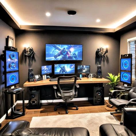 25 Cool Game Room Ideas for Every Gamer (2024) - Suite 101 Tv Above Gaming Setup, Ikea Gamer Room, Game Room Wall Color Ideas, Men Gaming Room, Ps5 Gaming Room, Streaming Room Design, Tv Gaming Setup, Cool Game Room Ideas, Streaming Room Ideas