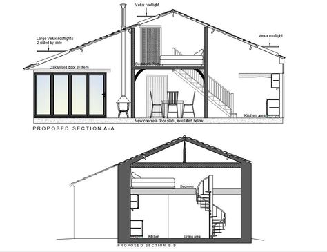 Sectional design of Residence house which shows roofing structure details at ceiling along with staircase details. Section Of House, House Cross Section, Section Architecture, A House Plan, Wooden House Design, Section Drawing, Interior Design Student, Interior Design Plan, Architecture Portfolio Design