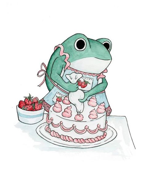 Frog Baking, Baking Cottagecore, Baking A Cake, Frog Wallpaper, Frog Illustration, Frog Drawing, Frog Art, Cute Strawberry, Doodle Illustration