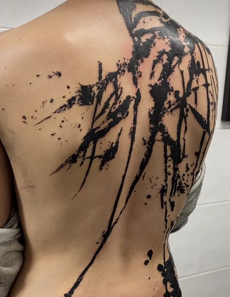 Deep Black Tattoo, Splatter Tattoo Black, Black Splatter Tattoo, Massive Attack Tattoo, Abstract Black Work Tattoo, Blood Splatter Tattoo, Messy Tattoo Style, Dark Abstract Tattoo, Charcoal Tattoo