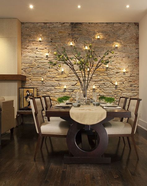 Candles highlight the beauty of the stone wall in the dining room [Design: Charlie & Co. Design] Dining Room Accent Wall, Kitchen Simple, Bedroom Country, Stone Accent Walls, Dining Room Accents, Accent Wall Colors, Dining Room Design Modern, Room Accent Wall, Classy Home