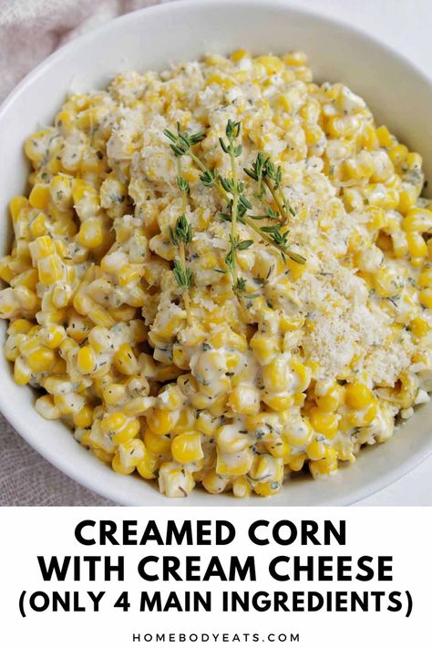 I'm obsessed with this homemade creamed corn recipe! It uses cream cheese, parmesan cheese, and Italian spices. This recipe is so easy and only has 4 main ingredients. I love how cheesy this creamed corn recipe is! You can easily keep it warm on the stovetop or in a crockpot if you want to make it ahead of time for Thanksgiving dinner. This would be a great holiday side dish for a crowd! Best Creamed Corn, Thanksgiving Vegetable, Corn Thanksgiving, Thanksgiving Veggies, Corn Side, Homemade Cream Corn, Slow Cooker Creamed Corn, Corn Recipes Side Dishes, Cream Cheese Corn