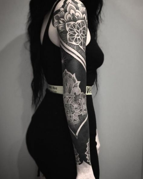 theInkedCulture | Cover up tattoos for women, Blackout ... #womentattoos #tattooideas Negative Geometric Tattoo, Black Out Negative Tattoo, Negative Tattoo Sleeve, Black Out Cover Up Tattoos For Women, Black Out Sleeve Tattoo, Cover Up Tattoo Mujer, Dark Tattoo Cover Up Ideas For Women, White On Black Tattoo, White Over Black Tattoo