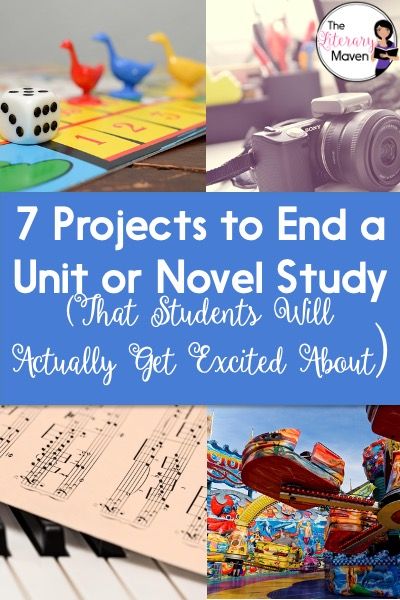 These 7 fresh ideas for creative projects that students will want to complete are perfect for the end of any novel or unit. Book Projects Middle School, Novel Study Project, Middle School Literature, Middle School Projects, Literature Project, Novel Study Activities, High School Project, Unit Studies Homeschool, Literary Themes