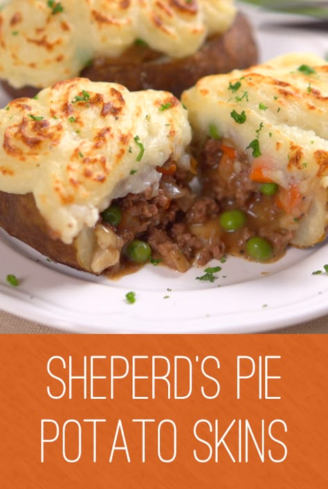 Sherpherd's Pie Potato Skins | As the saying goes two is better than one and this hearty dish blends two comfort food favorites - the classic shepherd's pie and potato skins. Serve it as a main dish or a side for the perfect warm up. Click for the recipe and video. #familydinner #easymeals #cooking Stuffed Potatoes, Two Is Better Than One, Shepherds Pie Recipe, Potato Skins, Shepherd's Pie, Shepherds Pie, Food Favorites, Cold Nights, Beef Dinner