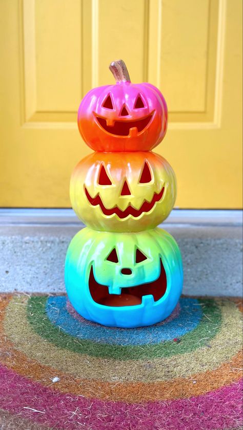 Basic Halloween Wallpaper, Rainbow Pumpkin Painting, Bright Color Halloween Decor, Multi Colored Pumpkins, Painted Stacked Pumpkins, Rainbow Pumpkin Decor, Ombre Pumpkin Painting, Pumpkins Ideas, Rainbow Halloween