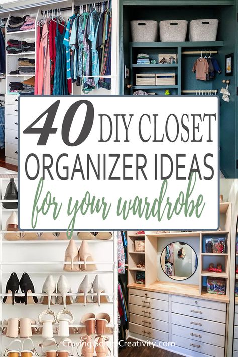 Collage of diy closet organizer and organization ideas. Diy Closet Organizer Ideas, Junk Closet Organization Ideas, Walk In Closet Organization Ideas Diy, Creative Closet Storage Ideas, Diy Clothing Storage, Diy Closet Organization Ideas, Small Bedroom Closet, Closet Wall Organizer, Closet Organizer Ideas