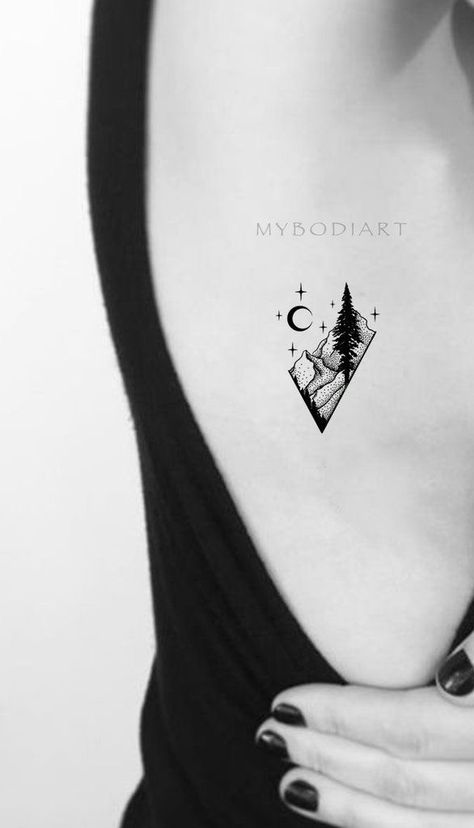 Sequoia Tree Tattoo Simple, Rib Tattoo Ideas, Camping Tattoo, Lake Tattoo, Mountain Tattoos, Mountain Tattoo Simple, Tree Moon, Black Nature, Mountain Tree