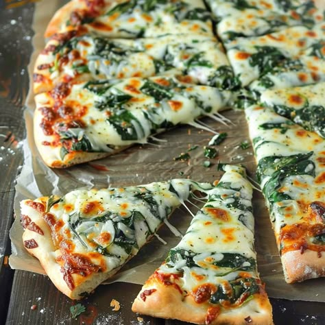 Roasted Garlic Spinach White Pizza Pizza Blanca, Pizzas Recipe, Tzatziki Chicken, White Pizza Recipes, Garlic Pizza, Spinach Pizza, Pizza Stromboli, Pizza Bianca, Cauliflower Soup Recipes