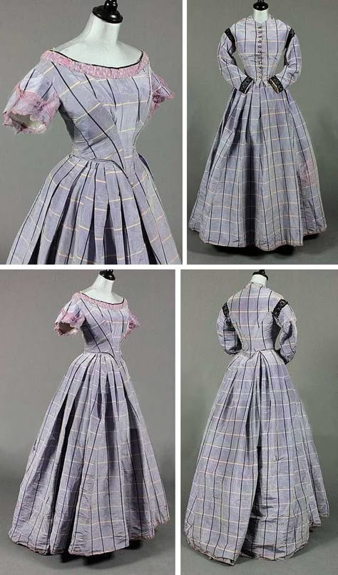 Lilac tartan moiré taffeta gown with day and evening bodices, ca. 1860. Day bodice button-fronted with black braid bands to shoulders and cuffs, cut low and pointed to the front and high at the back; curved sleeves. Evening bodice with pronounced point to waist, puff sleeves, silk lace to the neck. Full, pleated skirt. Kerry Taylor Auctions/Artfact 1860s Dresses, Historical Gowns, Taffeta Gown, 1860 Fashion, 1800s Fashion, Prom Dresses 2017, 19th Century Fashion, Old Dresses, Bodice Dress