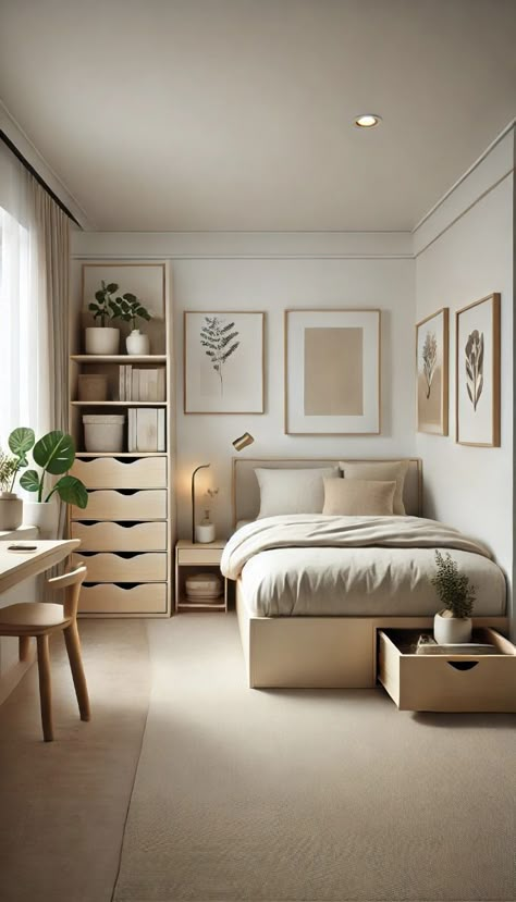 Deco Small Room Aesthetic, Minimal Rooms Ideas, Modern Classic Small Bedroom, Room Design For Small Bedroom, Apartment Minimalist Bedroom, Maximize Room Space, Minimalist Room Ideas Small Spaces Interior Design, Small Minimalist Bedroom Ideas, Minimal Apartment Decor Bedroom