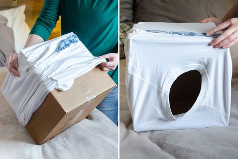 Diy Cat Tent, Cardboard Box Diy, Diy Cat Bed, Katt Grejer, Kat Diy, Chat Diy, Cardboard Cat House, Homemade Cat Food, Diy Tshirt