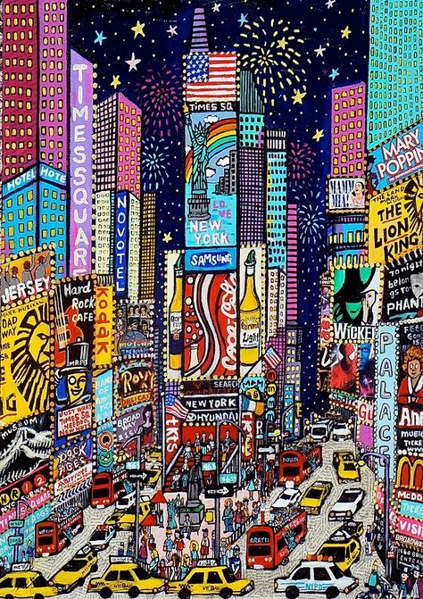 Brilliant Times square ~ Megu Fukudu (2013) New York Aesthetic Drawing, New York Art Drawing, New York Art Painting, New York City Painting, New York Images, New York Drawing, Images Pop Art, New York Painting, New York Canvas