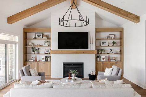 34 TV Wall Ideas That Are Both Functional and Stylish Fireplace With Vaulted Ceiling And Built Ins, Shelves Around Fireplace, Renovated Craftsman, Tv Wall Ideas, Black White Bedrooms, Wallpaper Tile, Tv Built In, Living Room Wall Designs, Fireplace Tv Wall