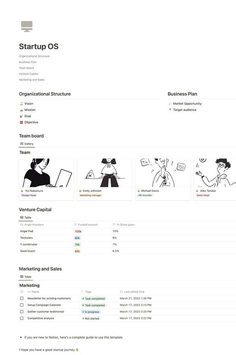 Manage your startups & businesses with ease. This notion template contains Startup OS provides every component essential for a business or startup: An Organizational Structure, A Business Plan, The Best team, Venture Capital, Marketing and Sales section. Fly high with this free notion template for startup. Download now. Study Planner Free, Small Business Plan Template, Small Business Marketing Plan, Sales Template, Free Wedding Planner, Planner Writing, Marketing And Sales, Wedding Planner Printables, Organizational Structure