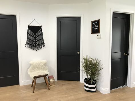 Black Interior doors with crisp white walls, boho decor @theaccidentalrenovation Black Interior Door, Pintu Interior, Black Door Knobs, Dark Doors, Black Interior Doors, Accent Colors For Gray, Door Design Interior, Black Door, White Doors