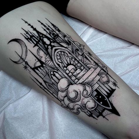 Spooky Castle Tattoo, Fantasy Castle Tattoo, Castle Sleeve Tattoo, Gothic Castle Tattoo Design, Dragon Castle Tattoo, Archi Tattoo, Castle Arm Tattoo, Glass House Tattoo, Castle Window Tattoo