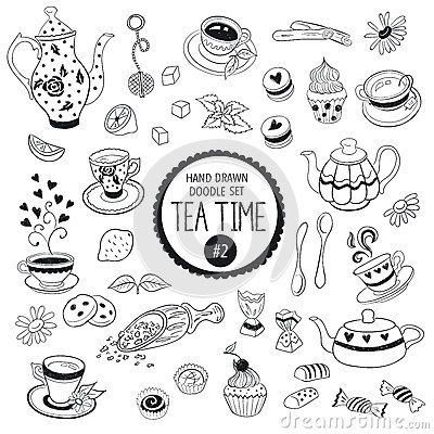 Tea time doodle elements Tea Cup Drawing, Tea Time Illustration, Coffee Doodle, Planner Doodles, Sketch Note, Time Icon, Dot Journals, Doodle Lettering, Teapots And Cups