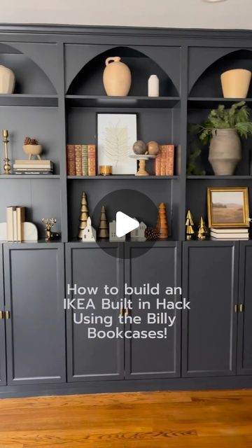 IKEA Hacks & Ideas | Home Inspiration | Houseware & more on Instagram: "⚒️💪🏻 Built-in with IKEA BILLY 📚  @theedgewoodhome shows us her built-in look with IKEA BILLY Bookcases. She attached also arches on the top for even a more steady look before painting everything.   How do you like it?   For more IKEA hacks hope over to her page and follow @theedgewoodhome   #ikeahack #ikeahacksdiy #billybookcase #billybookcasehack #billyhack #ikeabilly #ikeabillybookcase #builtins #builtinshelves #builtinbookshelves 📚⚒️💪🏻" Bookcase Hacks Ikea, Billy Bookcase Hack Tv Unit, Bookcase Hallway Ideas, Ikea Entertainment Unit Hack Billy, Ikea Bookcases Built In, Make Bookshelves Look Built In, Ikea Billy Bookshelf Hack, Make Ikea Look Built In, Cheap Built In Bookshelves