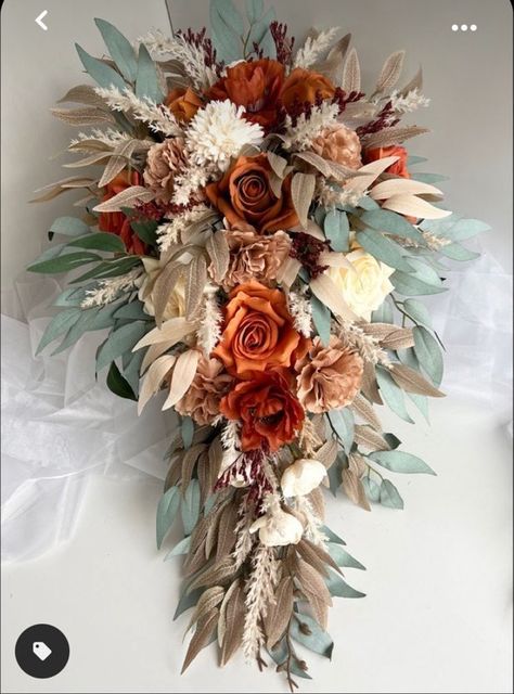 Autumn Cascade Bouquet, Waterfall Wedding Bouquets Fall, Diy Wedding Bouquet Cascade, Autumn Cascading Bridal Bouquet, Eucalyptus Fall Bouquet, Fake Flower Bouquet Wedding Fall, Terracotta Bridal Bouquet Cascade, Boho Wedding Bouquet Cascading, Terracota Bridal Bouquet