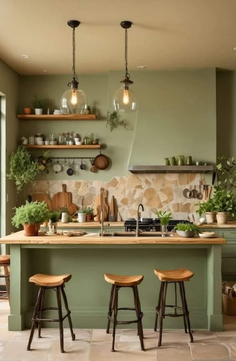 Green Kitchen Paint Colors, Green Kitchen Paint, Green Kitchen Walls, Kitchen Life Hacks, Mom Kitchen, Green Kitchen Cabinets, Rustic Bar, Charming Kitchen, Kitchen Walls